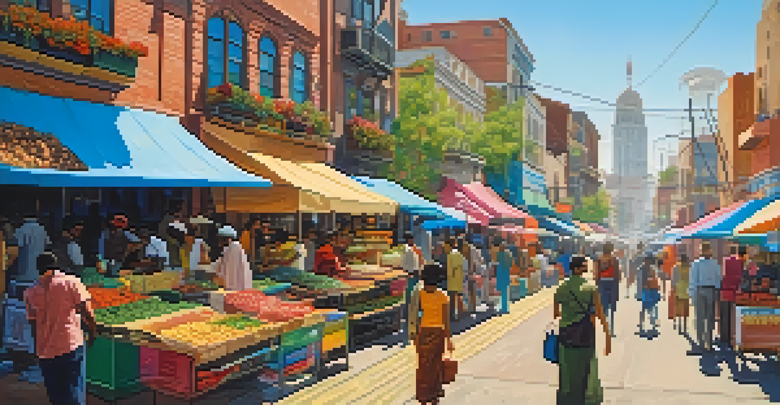 A vibrant city street with diverse people and colorful storefronts.