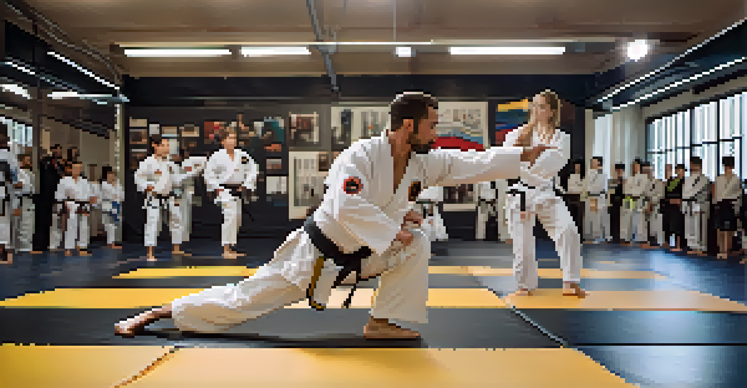 A self-defense instructor demonstrating a grappling technique in a training studio with attentive students observing.