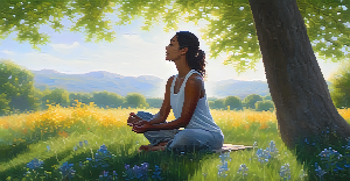 A person practicing focused breathing in a tranquil park, surrounded by flowers and trees, with sunlight filtering through the leaves.