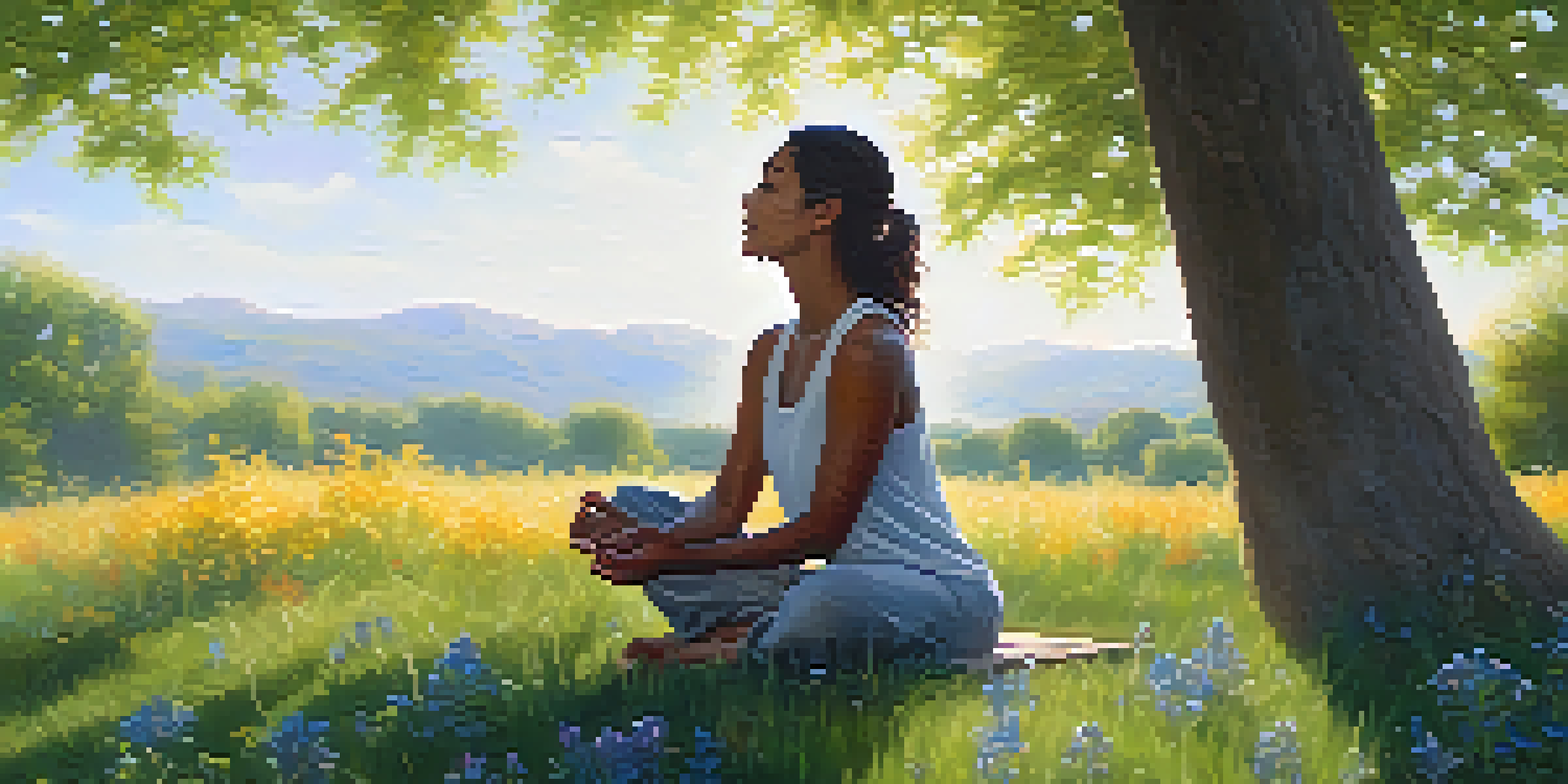 A person practicing focused breathing in a tranquil park, surrounded by flowers and trees, with sunlight filtering through the leaves.