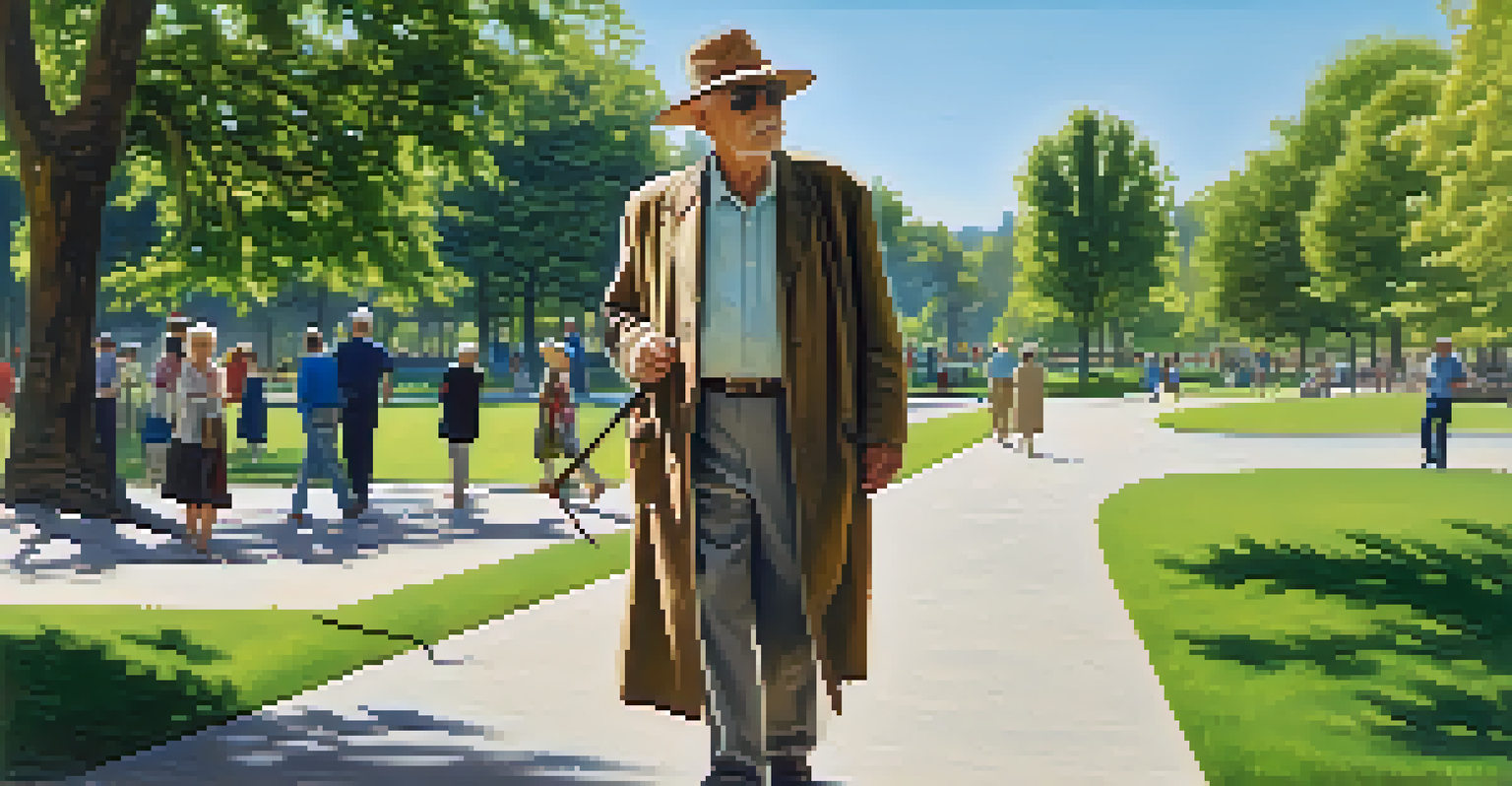 A senior walking in a sunny park, holding a walking stick, looking alert in a vibrant outdoor setting.
