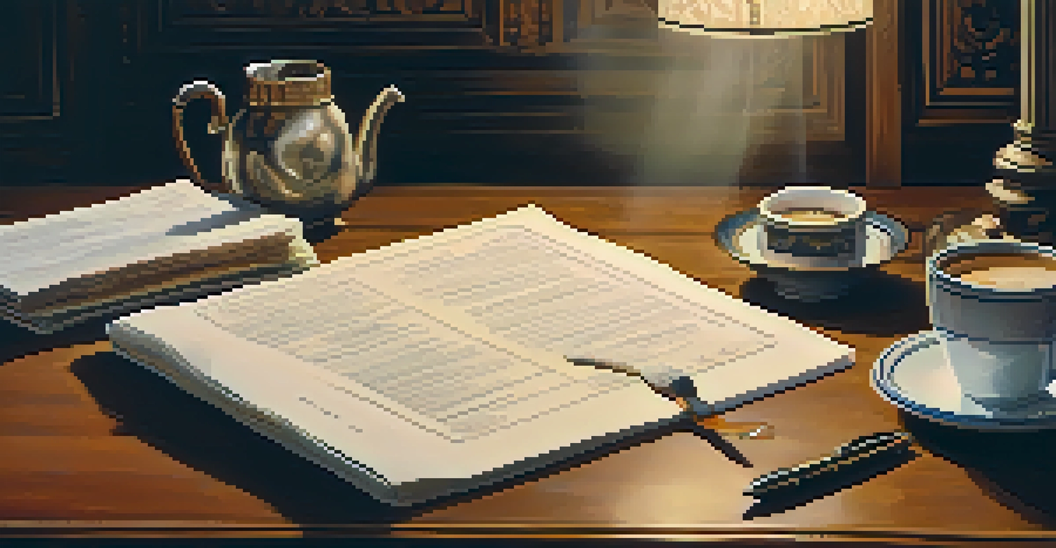A close-up of a wooden desk with legal documents and a cup of coffee, illuminated by warm light.