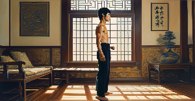 A young Bruce Lee practicing martial arts in a bright room with traditional Chinese decor.