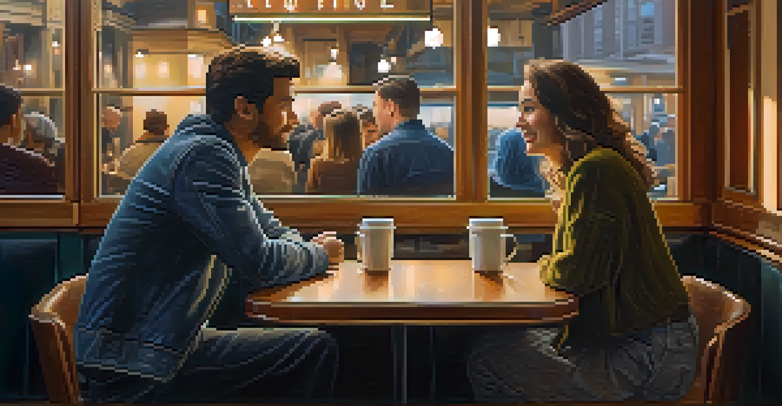 Two individuals in a coffee shop, one maintaining eye contact while the other looks away, showcasing communication dynamics.