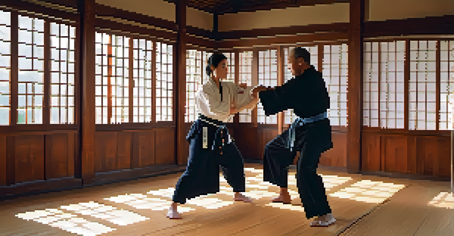 A martial arts instructor demonstrating a self-defense technique in a dojo with wooden floors and natural light.