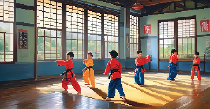 Children practicing self-defense techniques in a brightly lit dojo with an instructor guiding them.