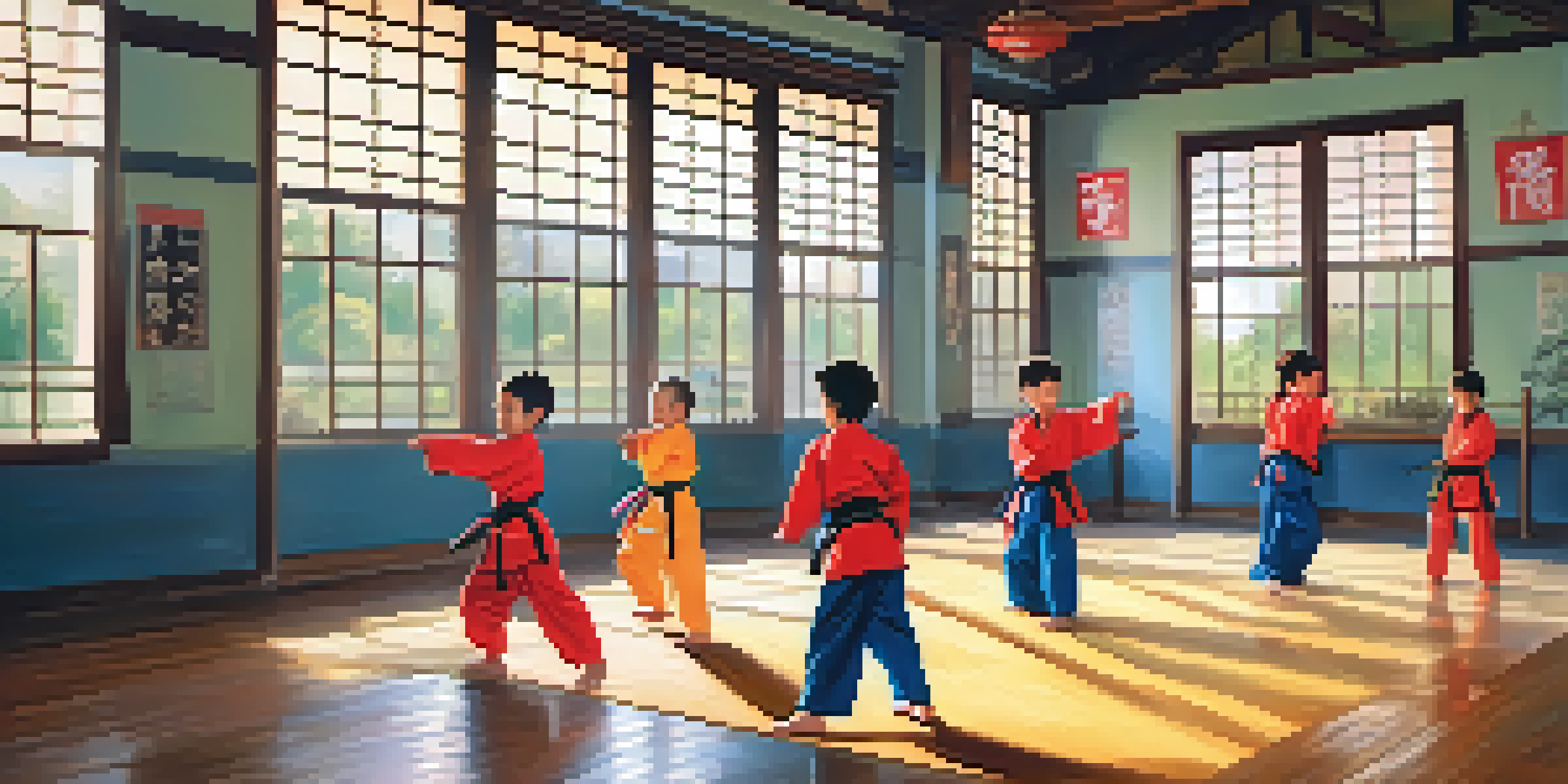 Children practicing self-defense techniques in a brightly lit dojo with an instructor guiding them.