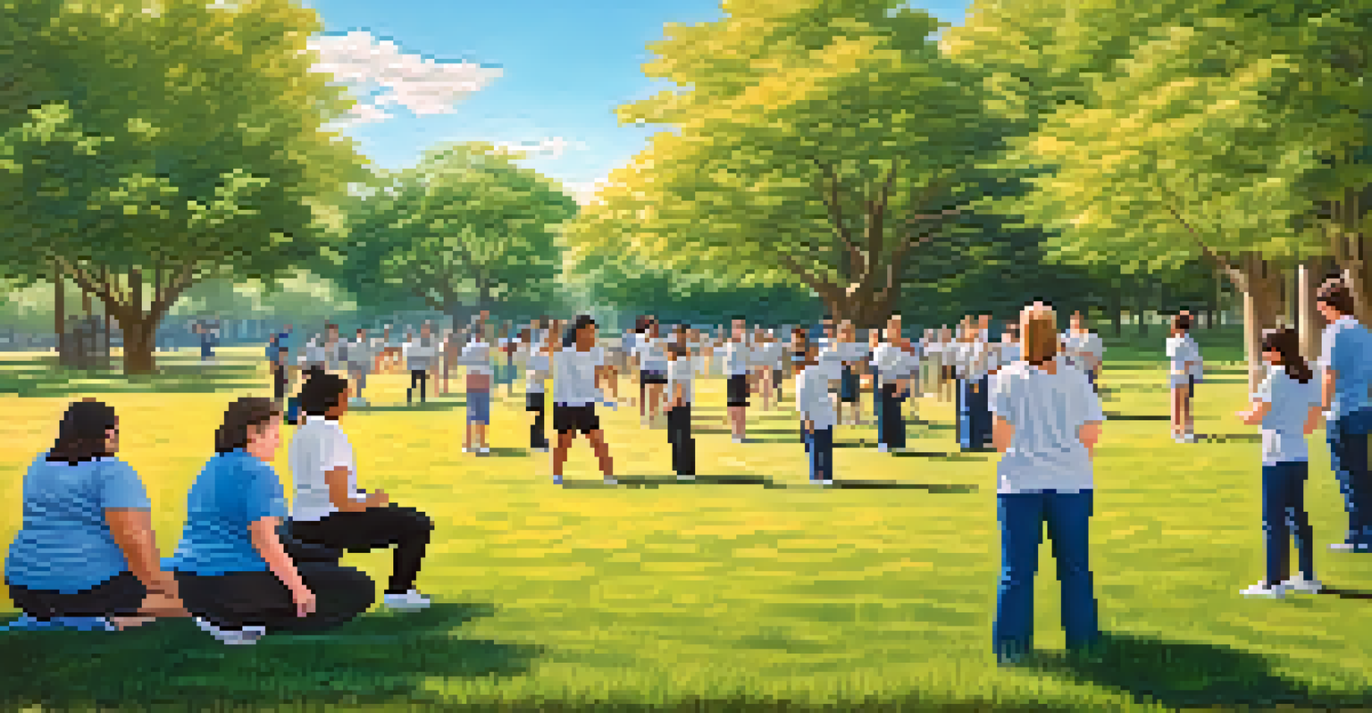 An outdoor self-defense class in a park, with an instructor guiding engaged participants through techniques under a clear blue sky.
