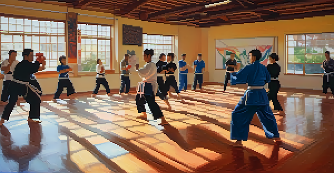 A group of diverse individuals practicing self defense in a bright dojo, showcasing their focused expressions and dynamic movements.