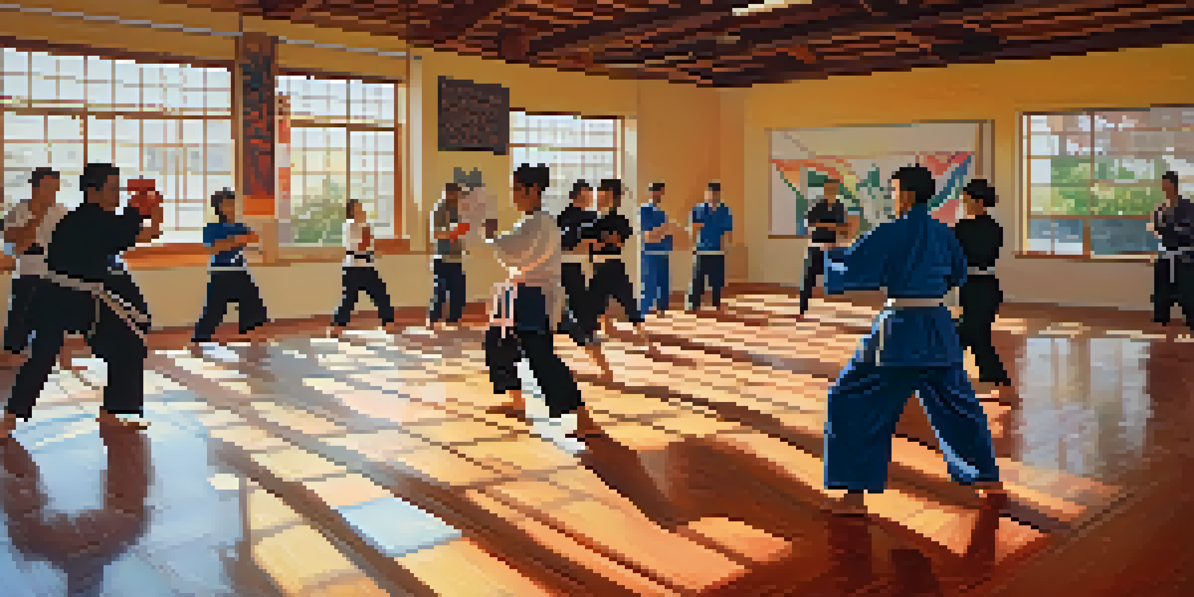 A group of diverse individuals practicing self defense in a bright dojo, showcasing their focused expressions and dynamic movements.