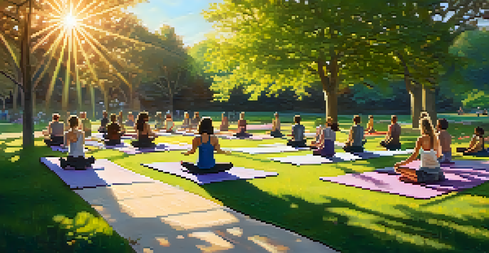 A diverse group of people practicing yoga in a park at sunset, surrounded by trees and flowers.