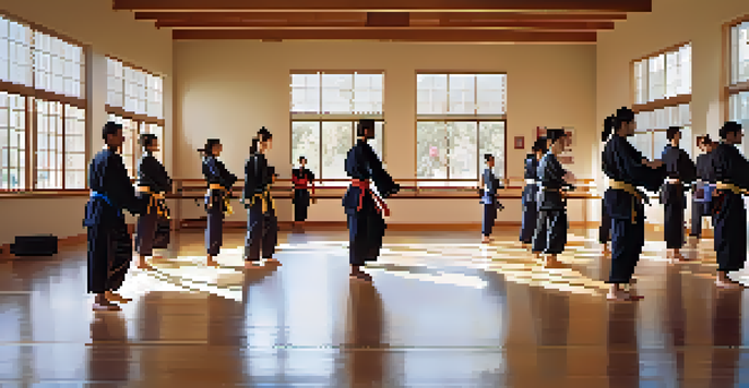 A diverse group of individuals practicing self-defense techniques in a sunlit dojo, with warm natural light and polished wooden floors.