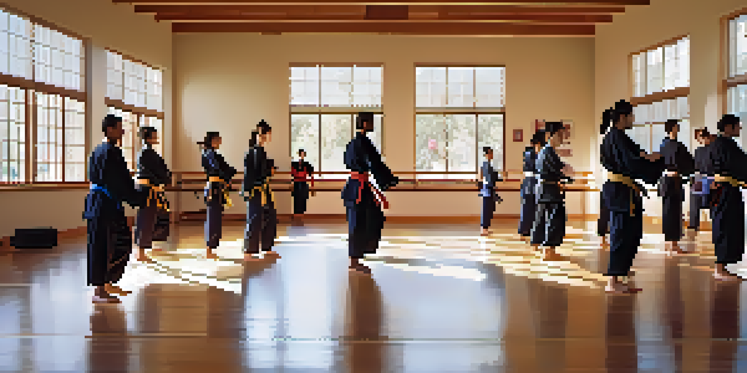 A diverse group of individuals practicing self-defense techniques in a sunlit dojo, with warm natural light and polished wooden floors.