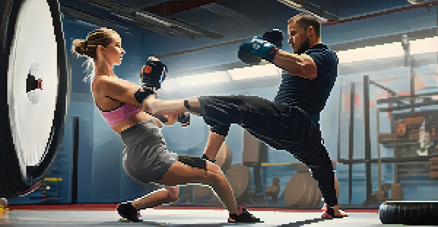 A couple practicing a knee strike in a training environment, with the man lifting his knee towards a padded target held by the woman.