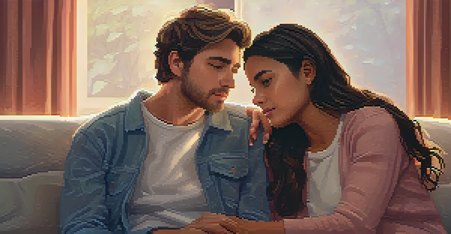 Two friends sitting on a couch, one comforting the other who looks upset, in a cozy room filled with soft lighting.
