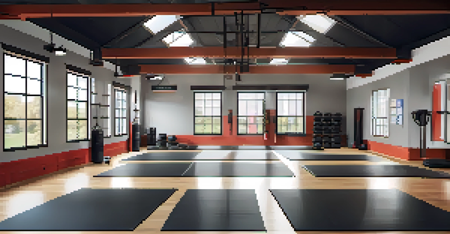 An organized self-defense studio with training mats, punching bags, and a chalkboard displaying tips, illuminated by natural light.