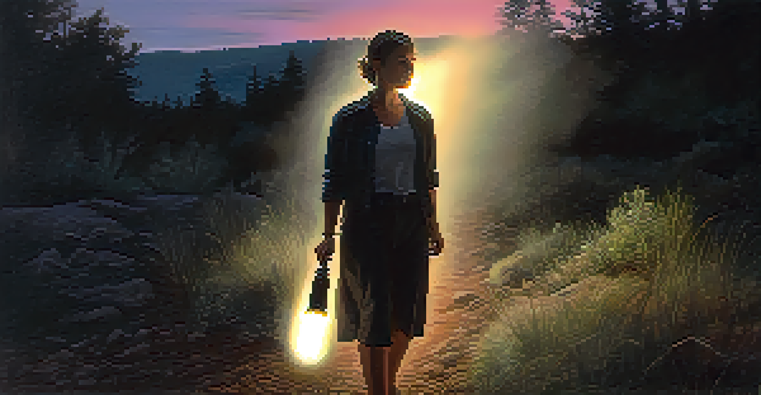 A woman holding a tactical flashlight in a dusk setting, symbolizing empowerment through safety tools.
