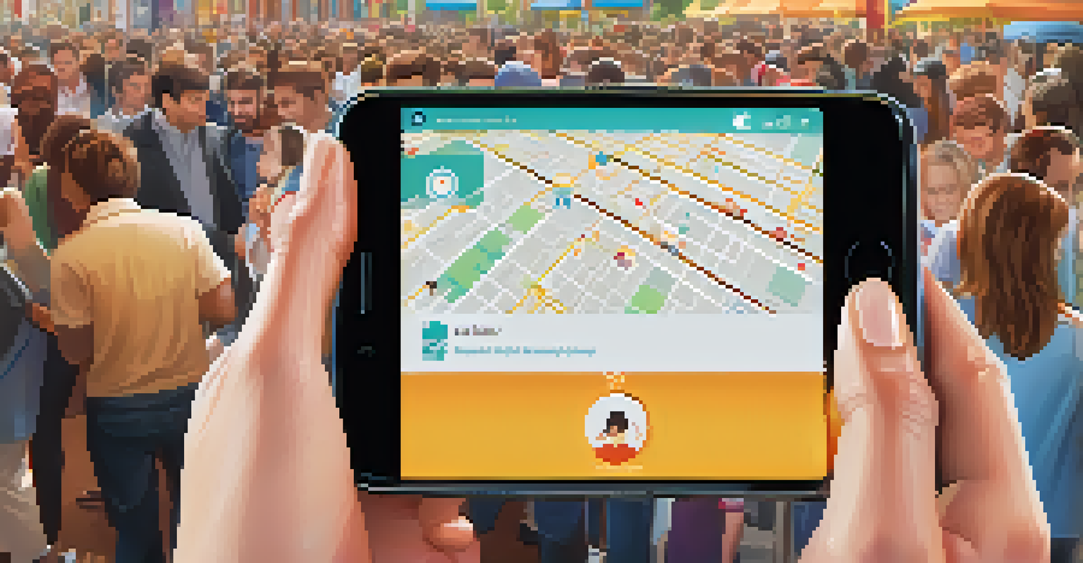 A smartphone screen showing a safety app with location sharing and emergency contact features, with a vibrant social event in the background.