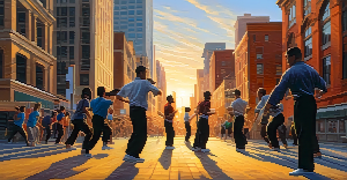 A crowded urban street at sunset with people engaging in activities, a martial arts instructor teaching self-defense in the foreground.