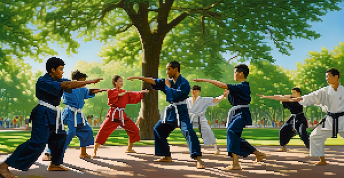 A diverse group of friends practicing self-defense techniques in a sunny park, with expressions of focus and determination.