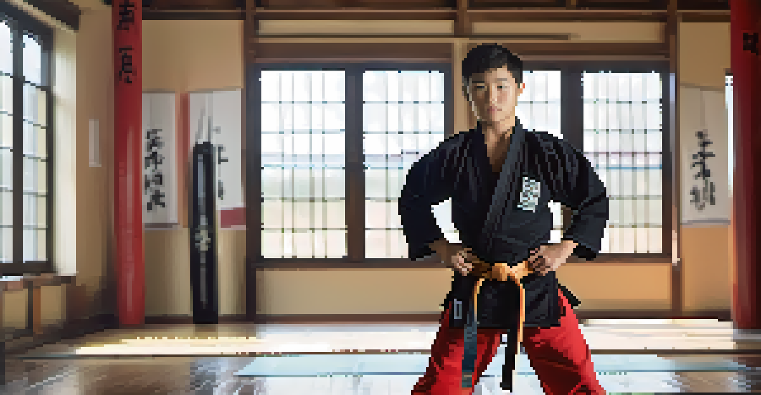 A person in a martial arts gi holds a belt, showcasing confidence and pride on a training mat.
