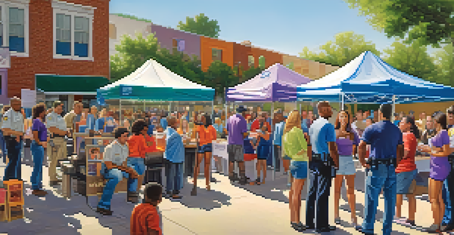 A community event with diverse individuals and police officers at an information booth about domestic violence awareness.