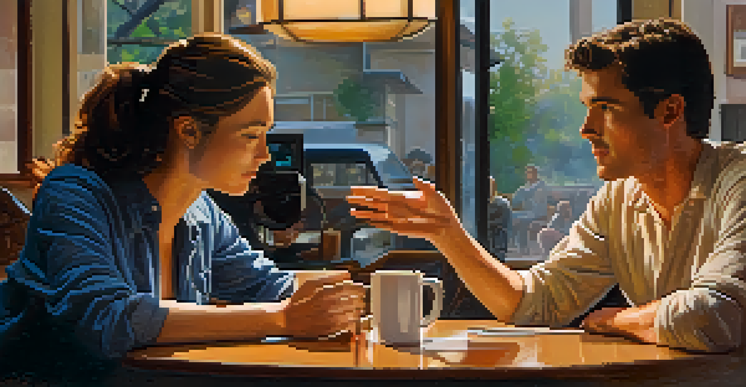 Two individuals in a tense conversation, one practicing active listening with a relaxed posture and open hands in a warmly lit room.
