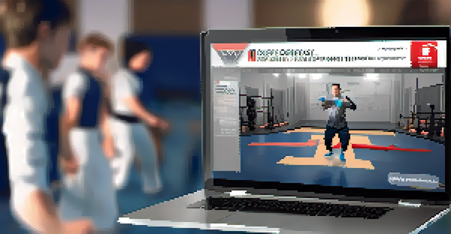 Close-up of a laptop screen showing an online self-defense training video with instructional graphics.