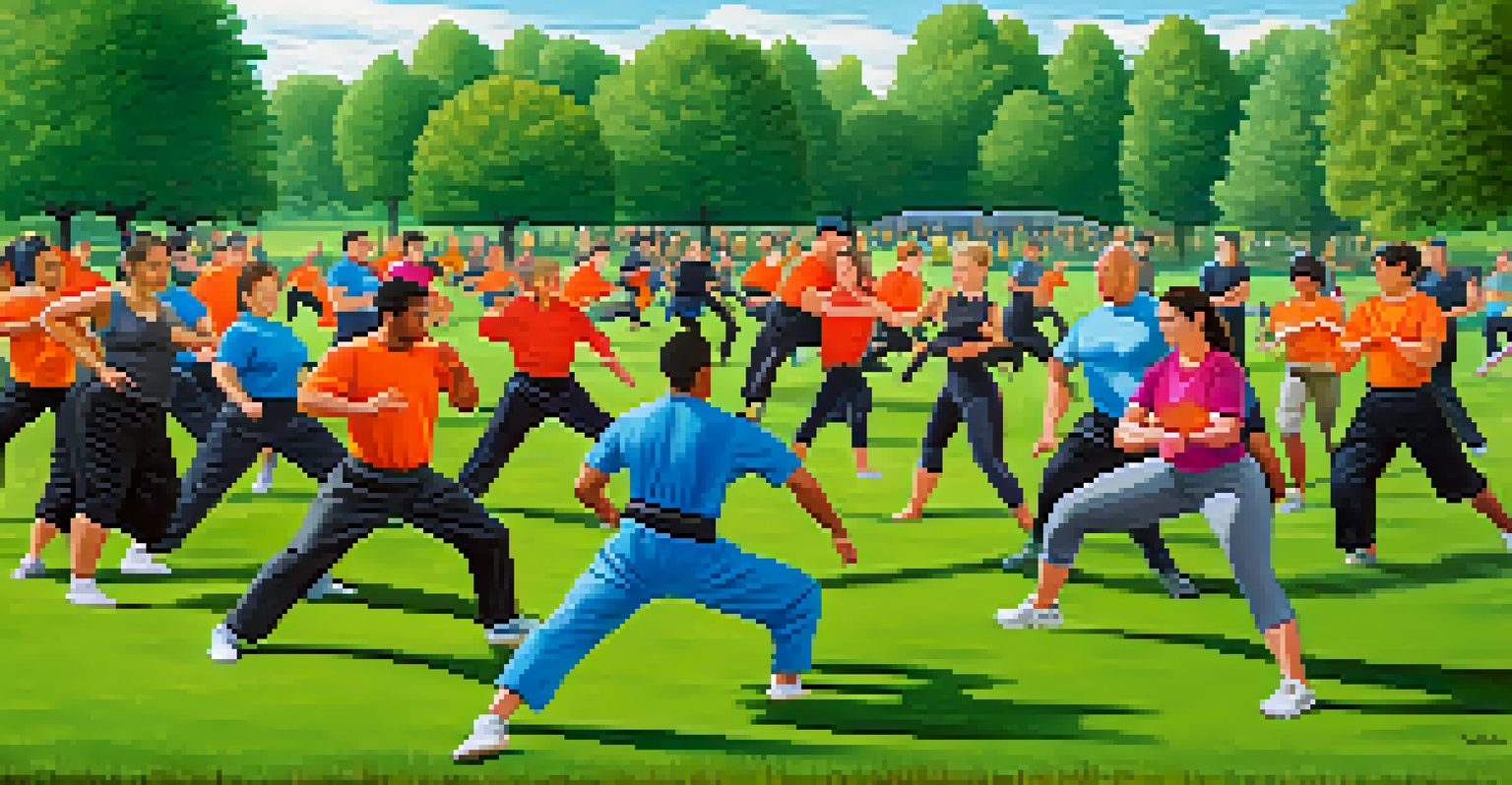 A group of individuals in a park participating in an outdoor self-defense class.