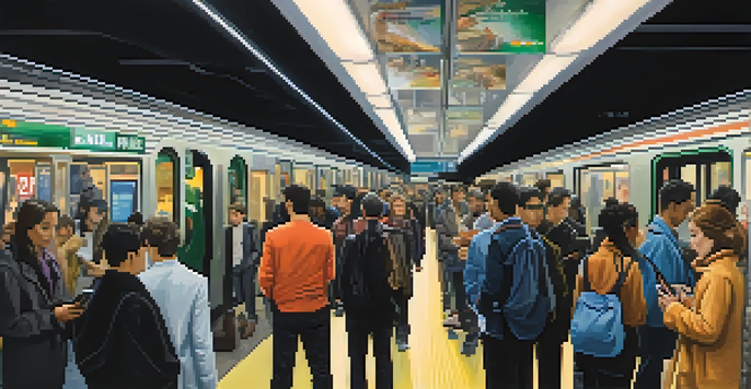 A crowded subway station showing commuters, some distracted by their phones and others being observant of their surroundings, highlighting the importance of situational awareness.