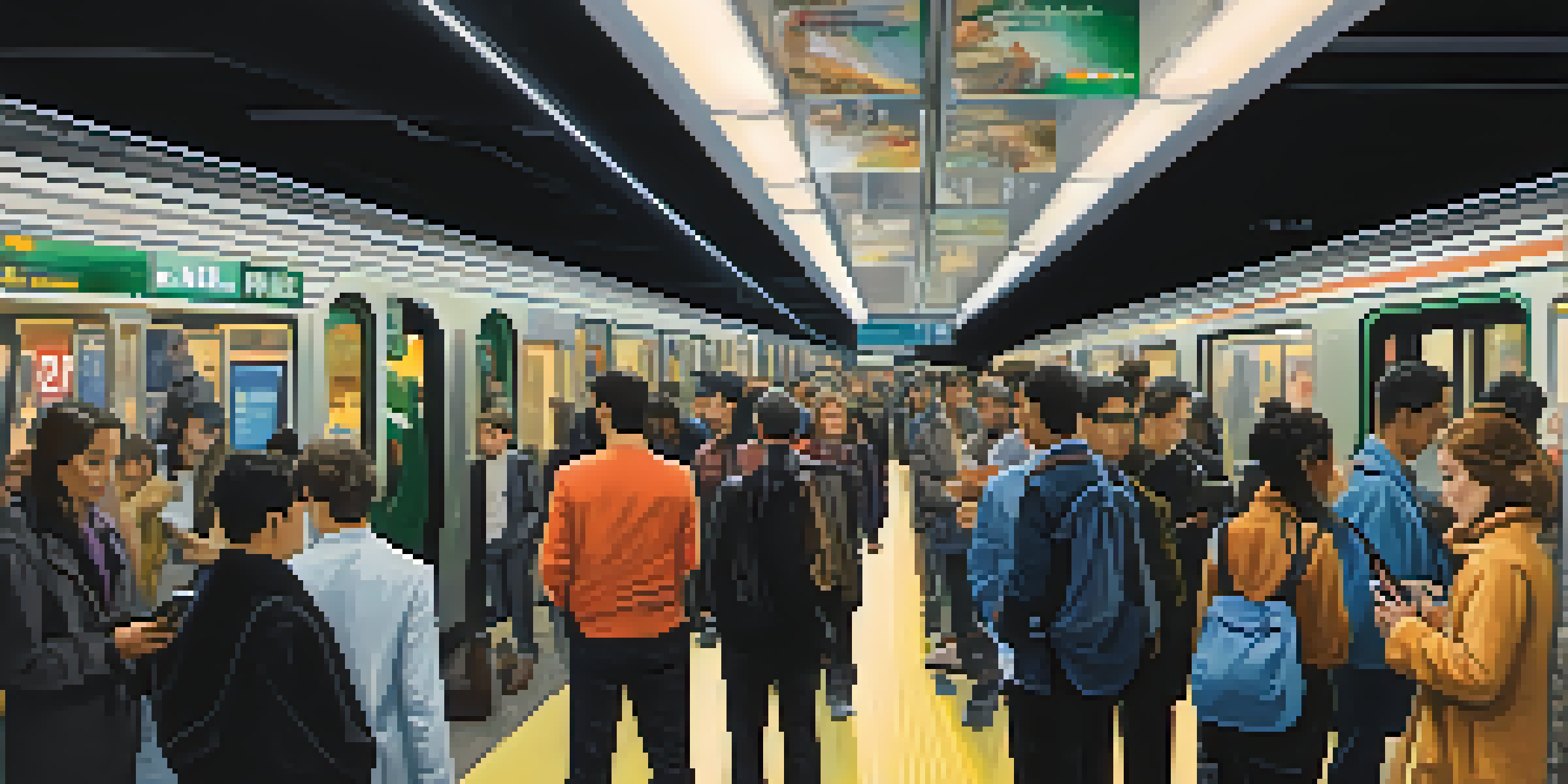 A crowded subway station showing commuters, some distracted by their phones and others being observant of their surroundings, highlighting the importance of situational awareness.