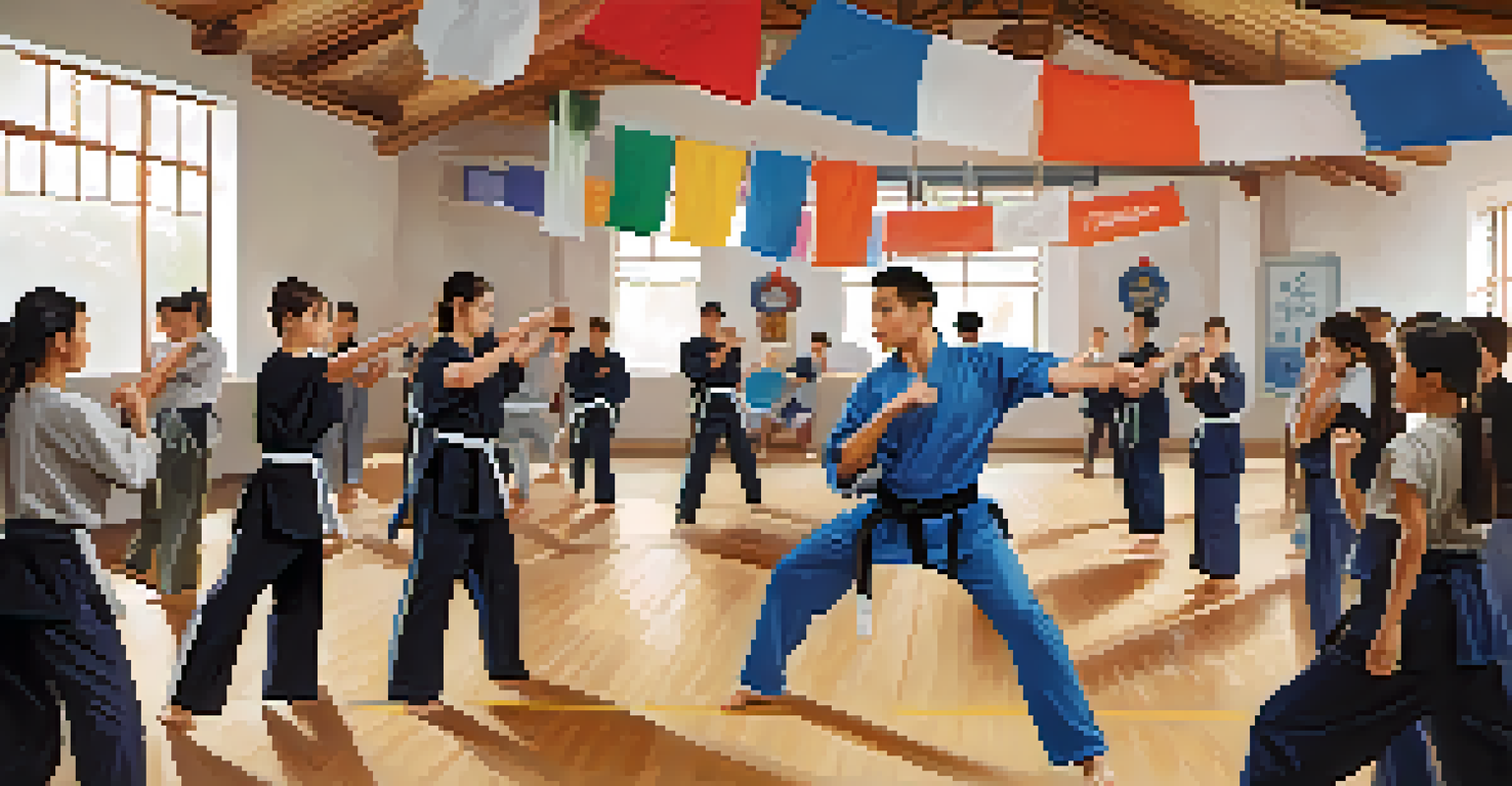 An instructor demonstrating a self-defense technique to a diverse group of attentive students in a bright training space.