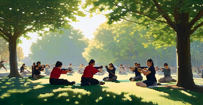 A diverse group of individuals practicing self-defense techniques in a sunny park, surrounded by greenery.