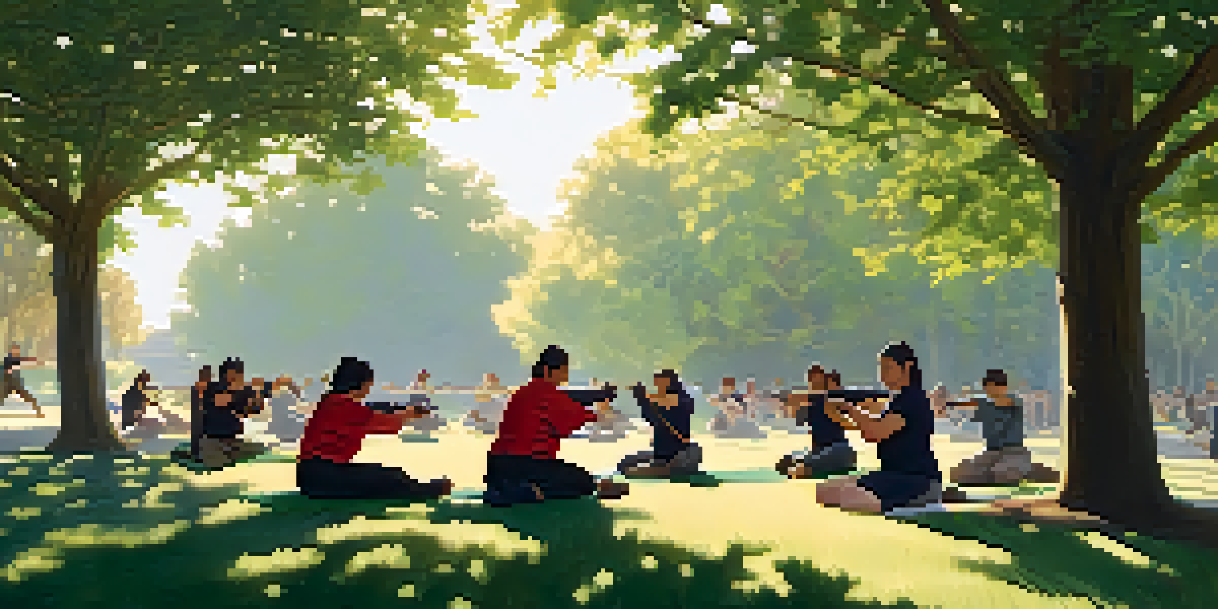 A diverse group of individuals practicing self-defense techniques in a sunny park, surrounded by greenery.