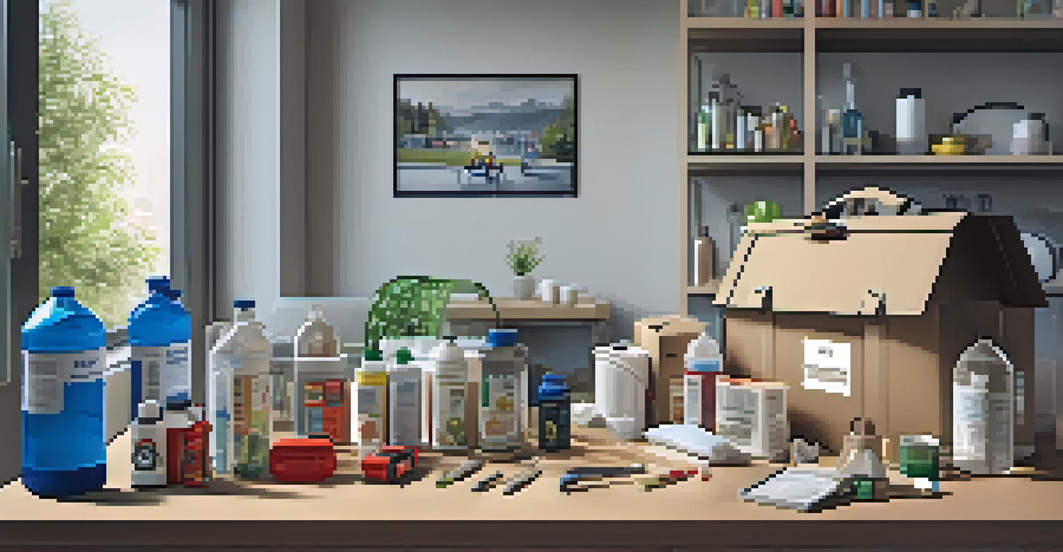 A family planning emergency preparedness in an apartment, with an organized emergency kit on the table, highlighting safety and readiness.