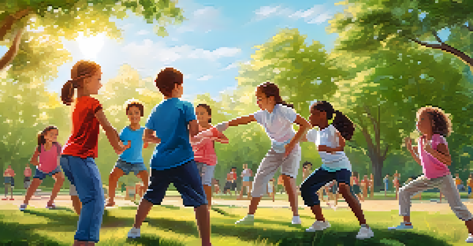 Children enjoying a self-defense class in a vibrant park setting, with an encouraging instructor.