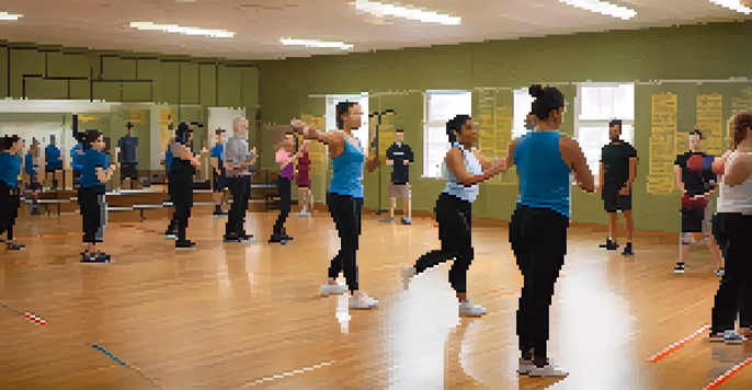 A diverse group of individuals practicing self defense techniques in a gym, with an instructor demonstrating a move and others engaged in paired practice.