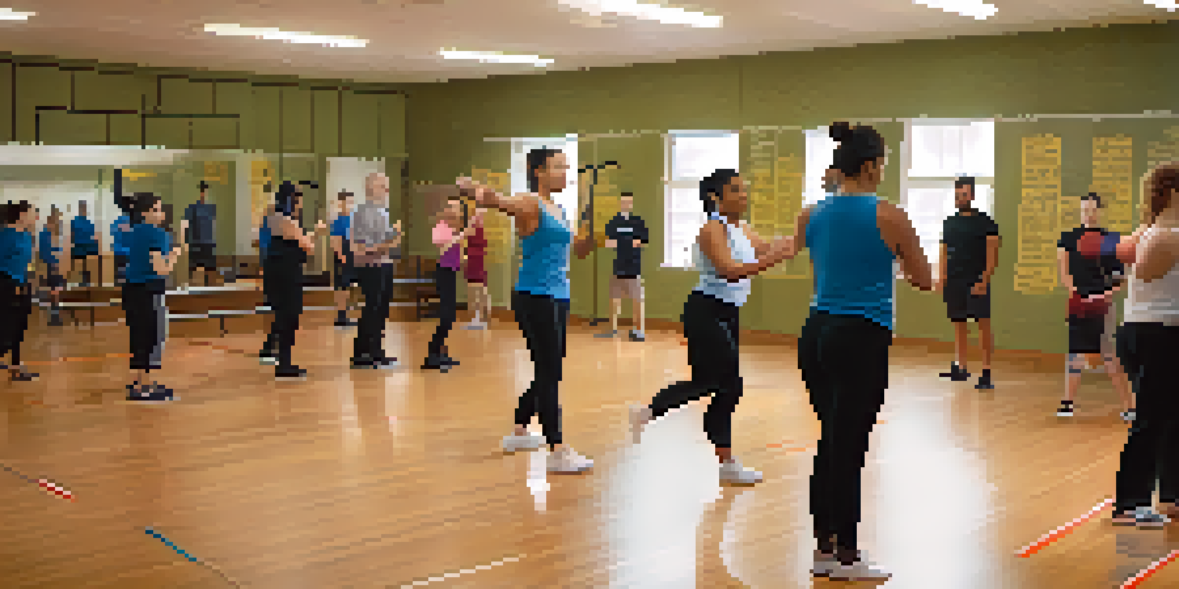 A diverse group of individuals practicing self defense techniques in a gym, with an instructor demonstrating a move and others engaged in paired practice.