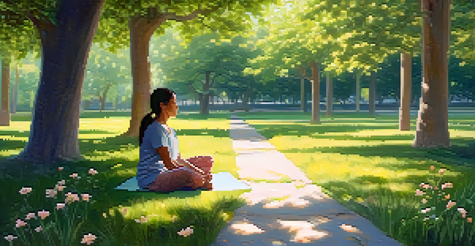 A person practicing mindfulness in a peaceful park, sitting cross-legged on the grass surrounded by flowers and trees, with sunlight filtering through the leaves.