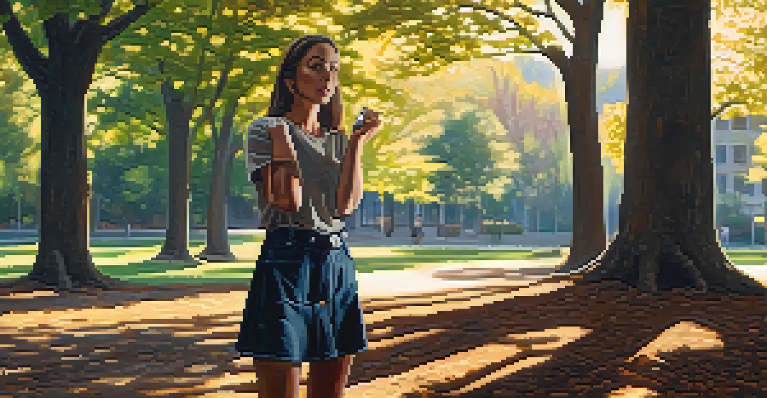 A confident woman in a park holding a self defense keychain, with sunlight filtering through the trees around her.