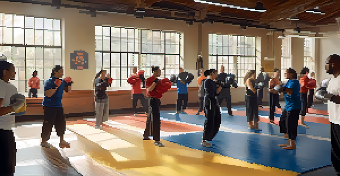 A diverse group of people practicing self-defense techniques in a bright gym filled with mats and motivational posters.