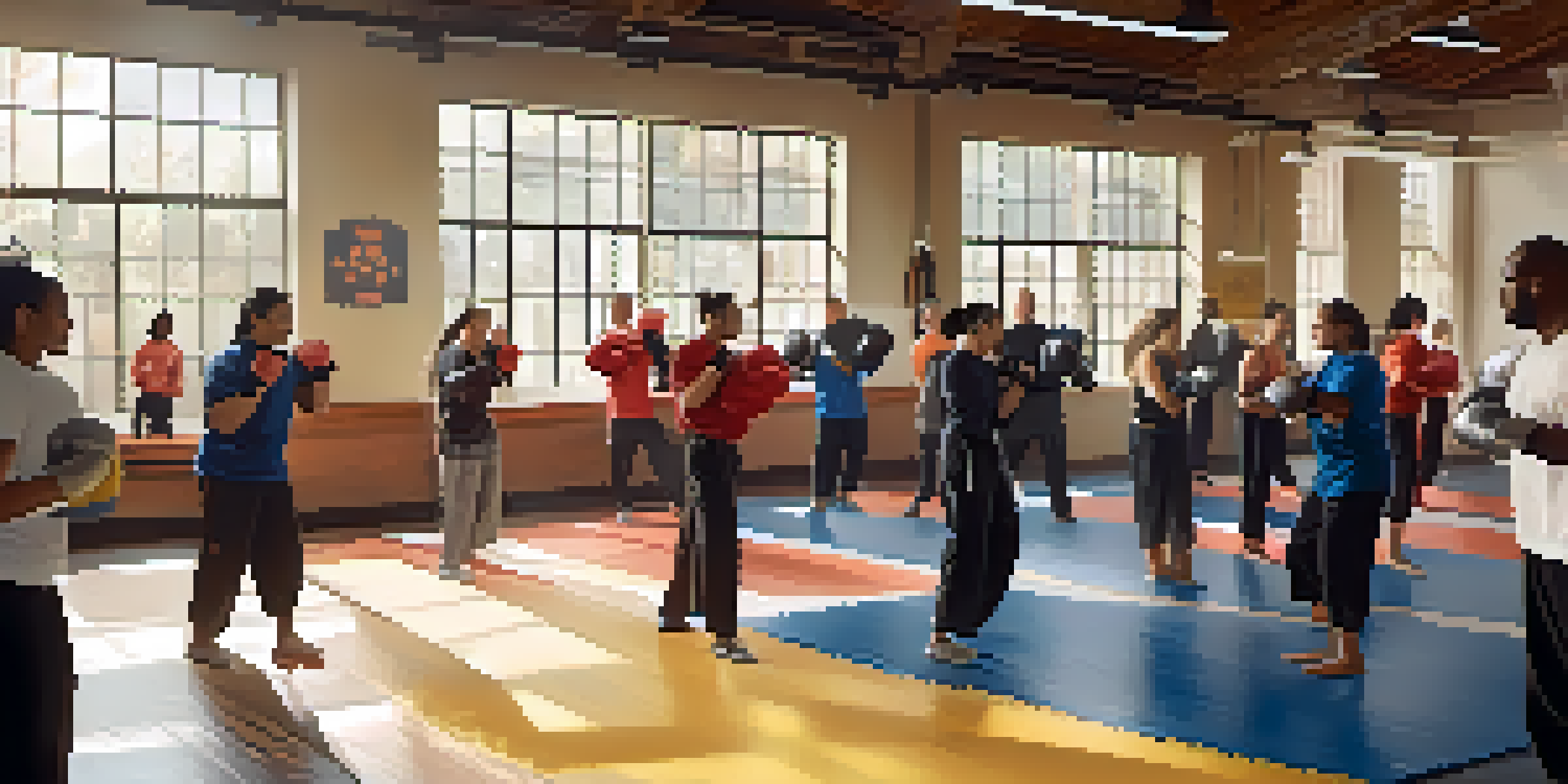 A diverse group of people practicing self-defense techniques in a bright gym filled with mats and motivational posters.