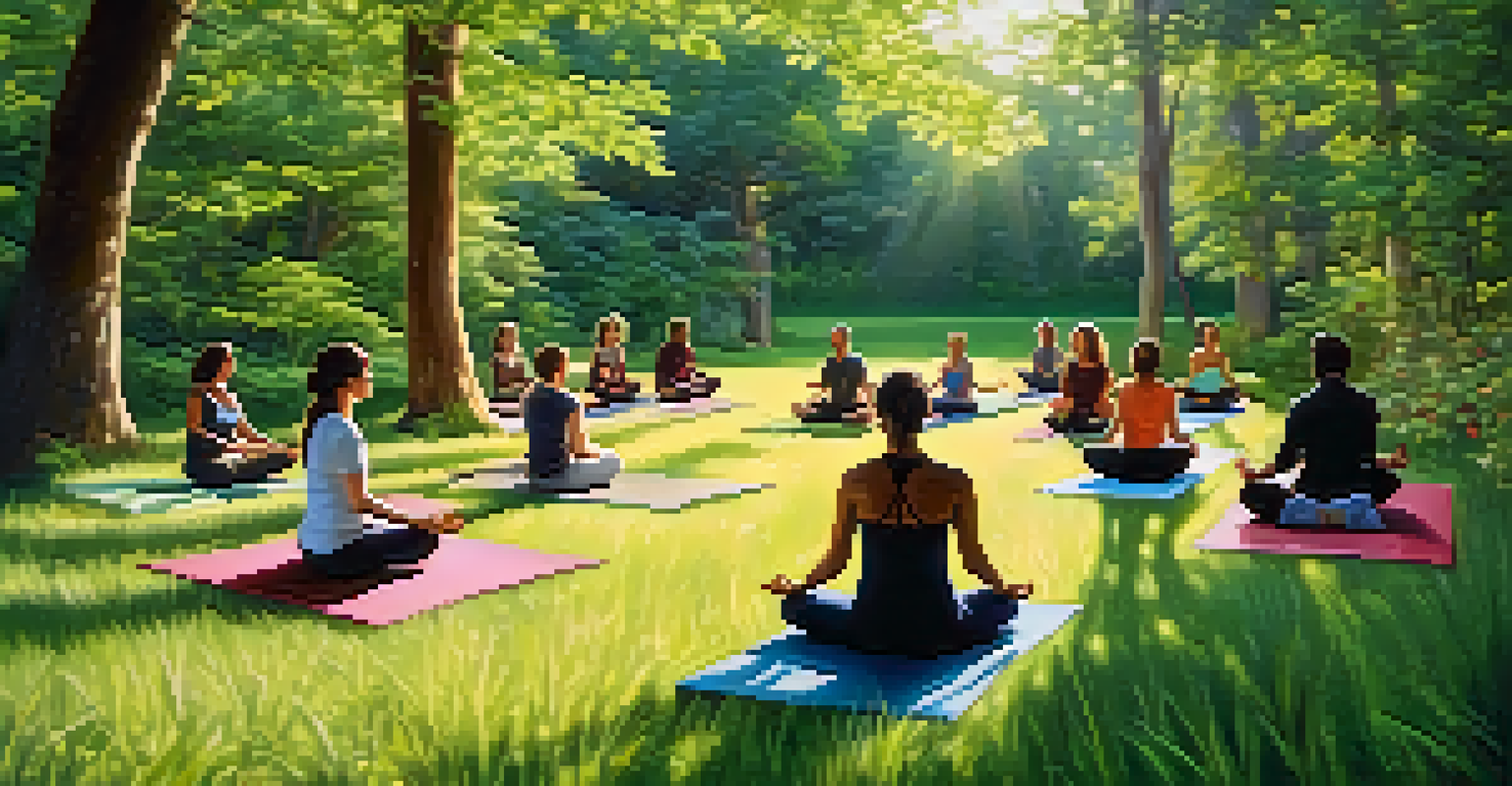 An outdoor spiritual gathering with participants meditating or practicing yoga surrounded by lush greenery and soft sunlight.