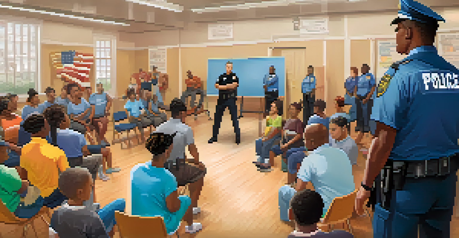 A police officer speaking to community members in a bright training room during a self-defense session, with participants taking notes.