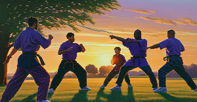 A group of people practicing self-defense outdoors during sunset, with warm colors and focused expressions.