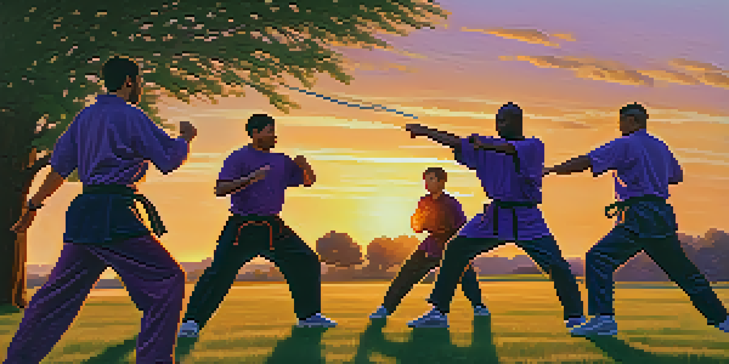 A group of people practicing self-defense outdoors during sunset, with warm colors and focused expressions.
