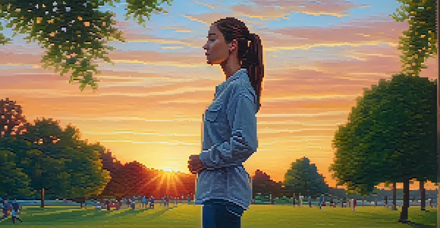 A young woman standing in a park at dusk, visualizing self-defense moves with a serene expression, surrounded by greenery and a colorful sunset.