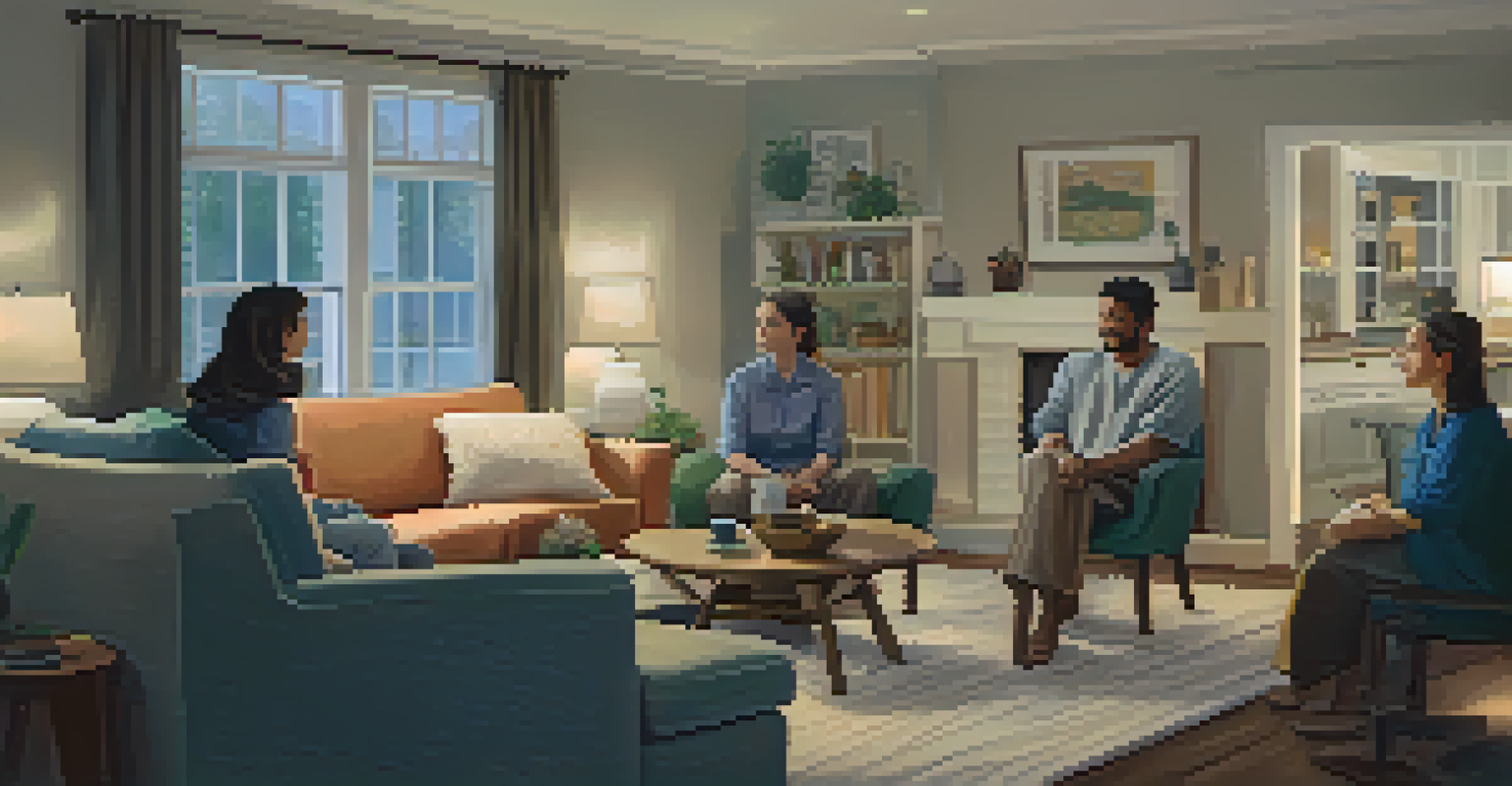 A family in a cozy living room discussing safety strategies, with a whiteboard filled with notes in the background.