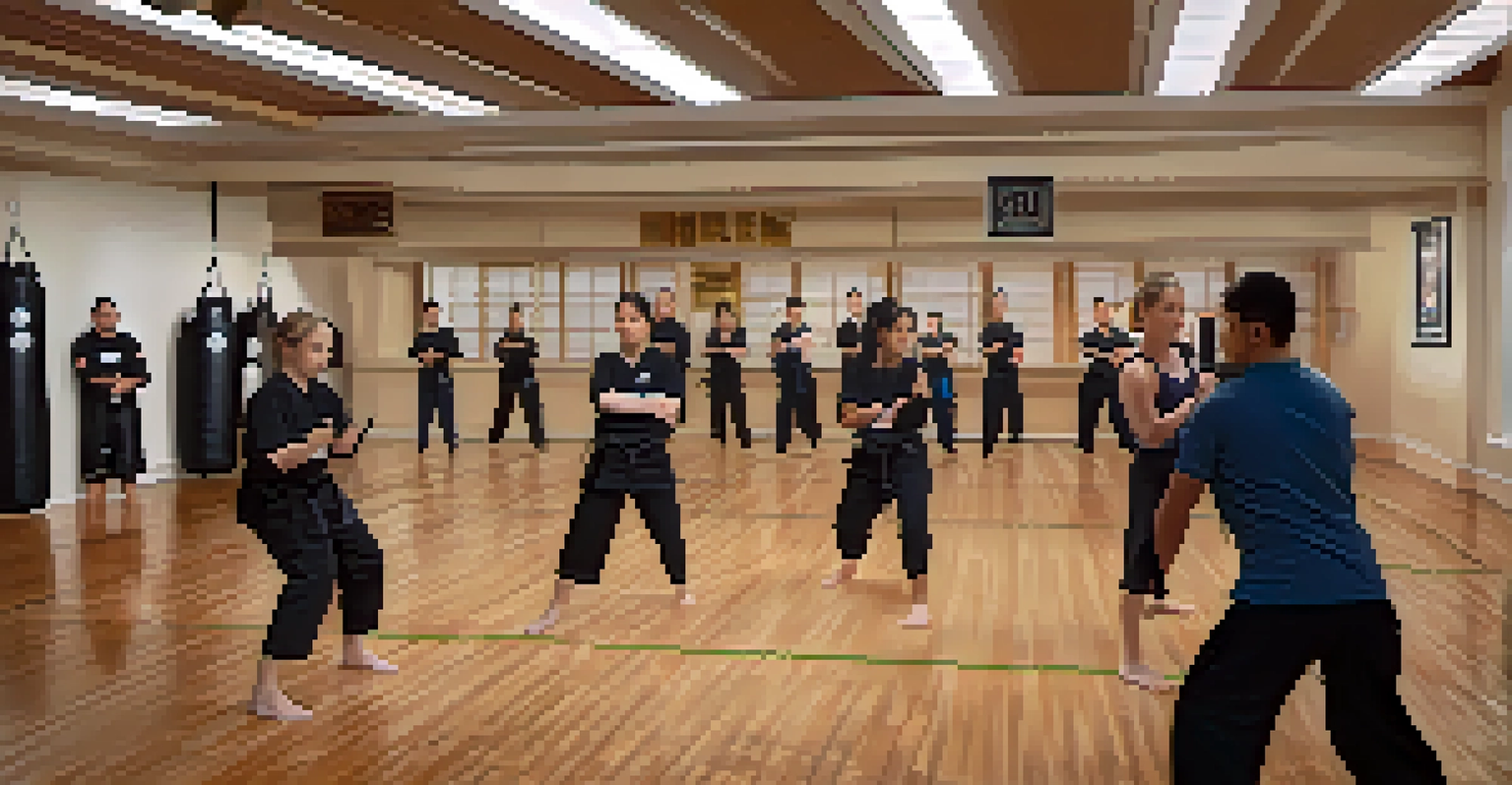 A skilled instructor teaching self-defense techniques to students in a modern dojo, with wooden floors and mirrors reflecting their focus.