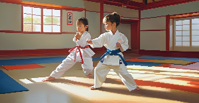 A young child in a karate uniform practicing self-defense techniques against a padded training dummy in a colorful dojo.